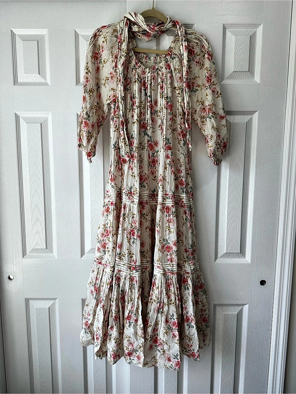 The Great. Floral Tiered Maxi Dress in White & Pink